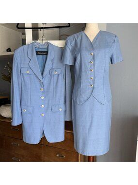 Vtg Louis Feraud 3pc Skirt Jacket Suit Blue Viscose Silk Weave Sz US 6